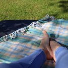 Blue Cottage Check Waterproof Picnic Blanket Straps 02